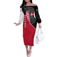 Denmark Flag Off The Shoulder Long Sleeve Dress with Viking Rune Pattern and Nordic Crest Design - Wonder Print Shop
