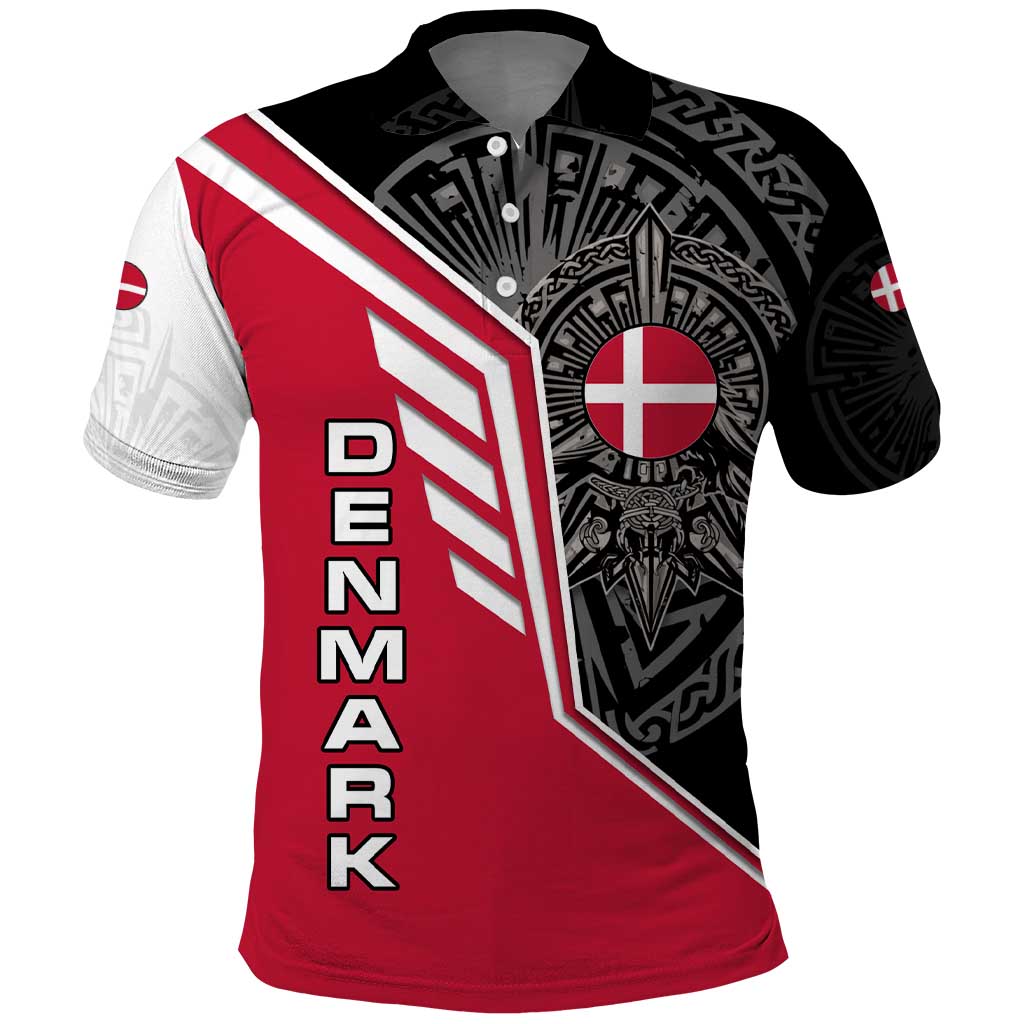 Denmark Flag Polo Shirt with Viking Rune Pattern and Nordic Crest Design - Wonder Print Shop