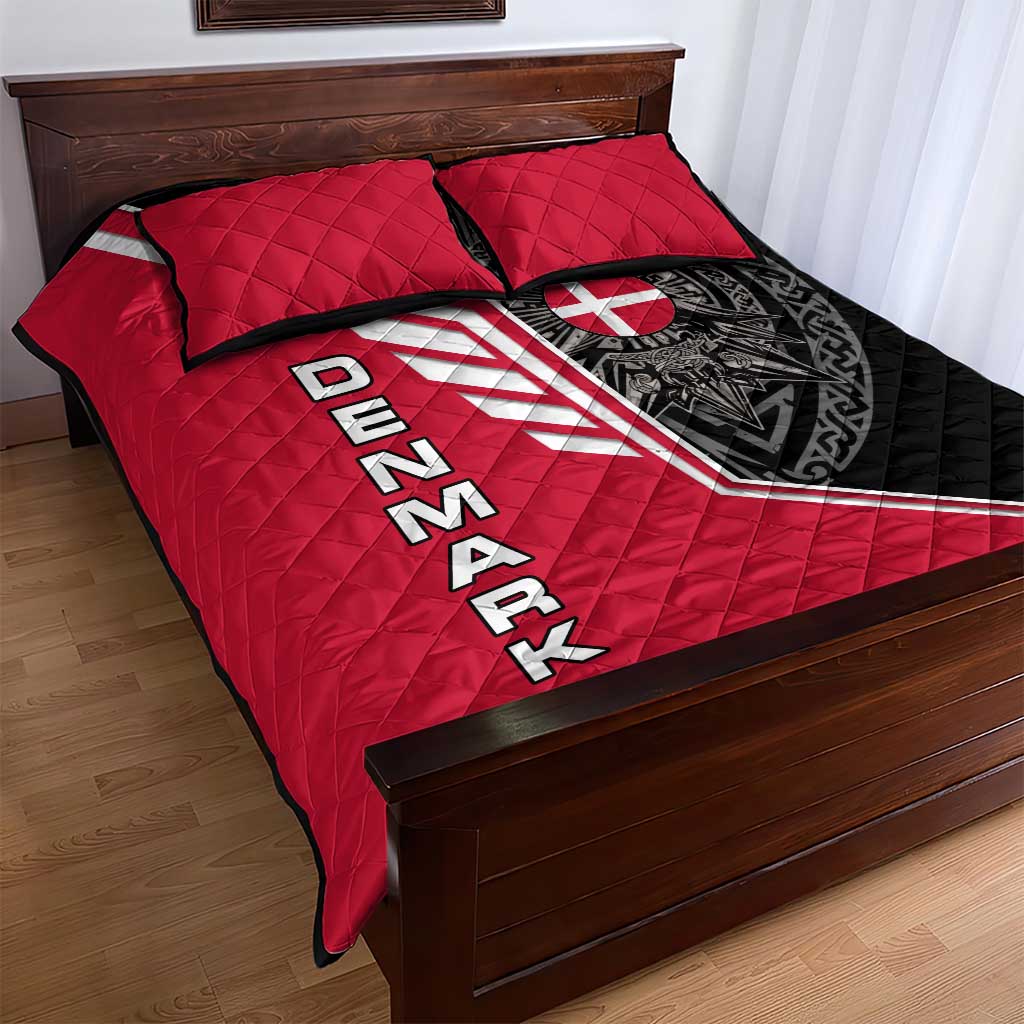 Denmark Flag Quilt Bed Set with Viking Rune Pattern and Nordic Crest Design - Wonder Print Shop