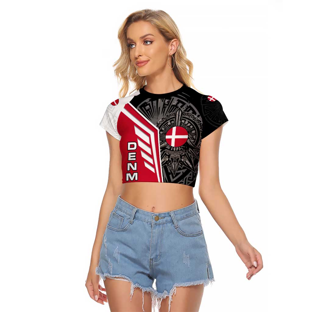 Denmark Flag Raglan Cropped T Shirt with Viking Rune Pattern and Nordic Crest Design - Wonder Print Shop