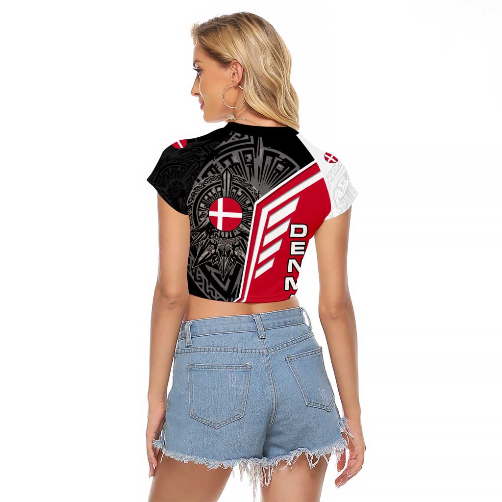 Denmark Flag Raglan Cropped T Shirt with Viking Rune Pattern and Nordic Crest Design - Wonder Print Shop
