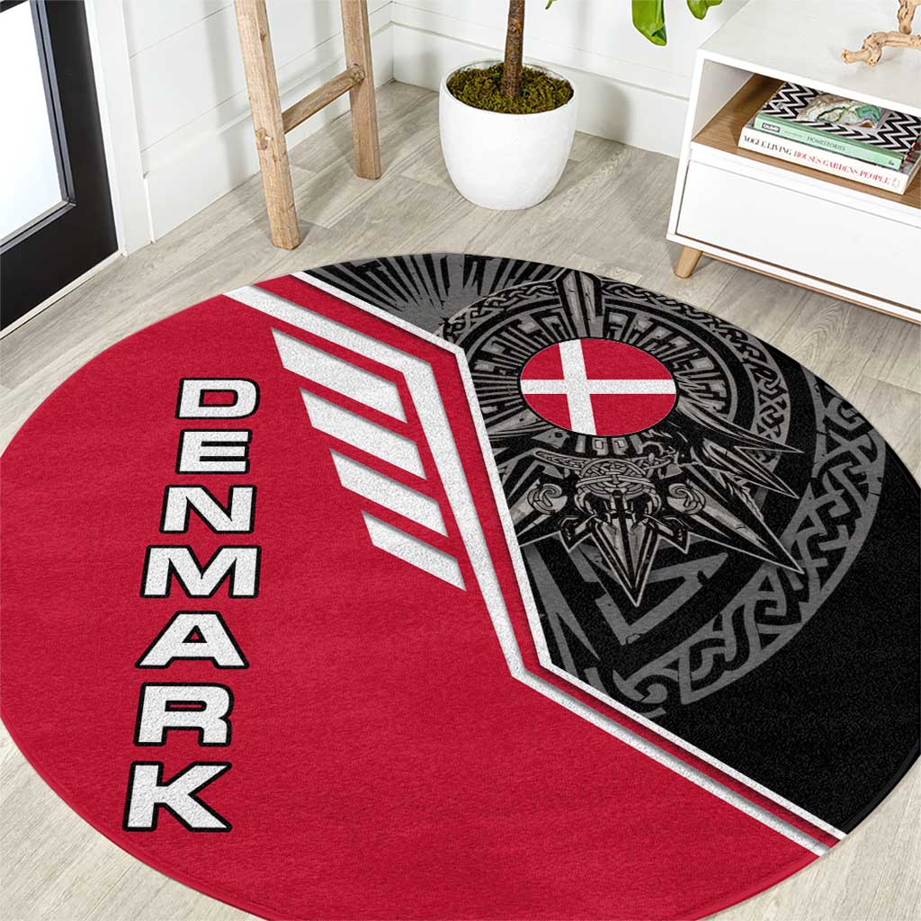 Denmark Flag Round Carpet with Viking Rune Pattern and Nordic Crest Design - Wonder Print Shop