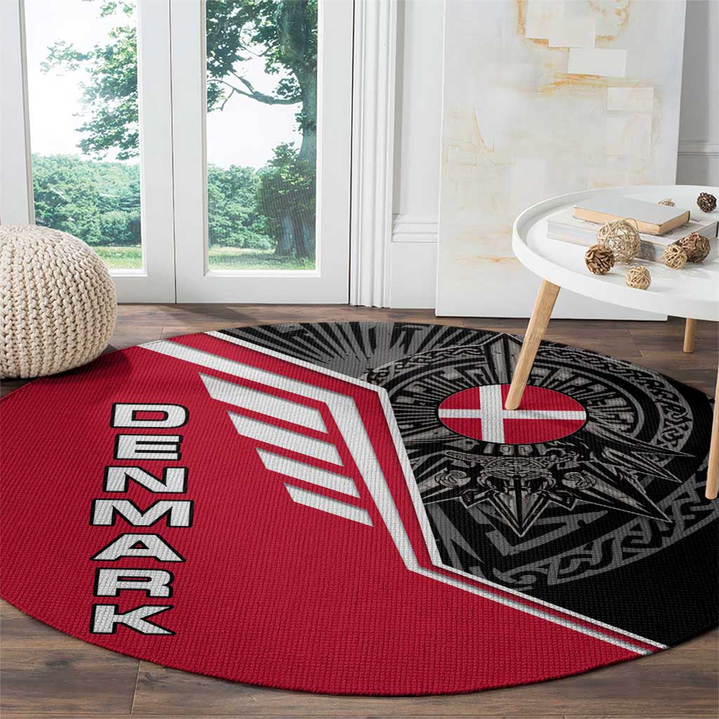 Denmark Flag Round Carpet with Viking Rune Pattern and Nordic Crest Design - Wonder Print Shop