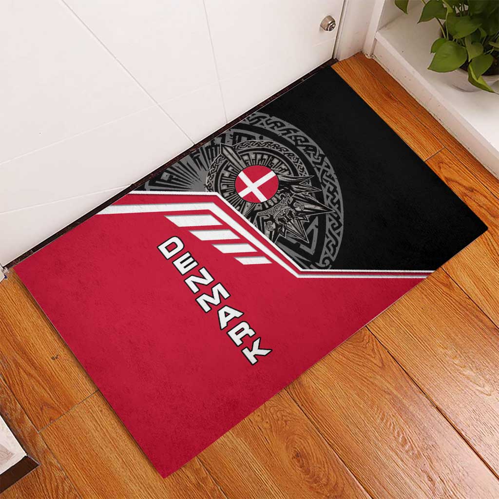 Denmark Flag Rubber Doormat with Viking Rune Pattern and Nordic Crest Design - Wonder Print Shop