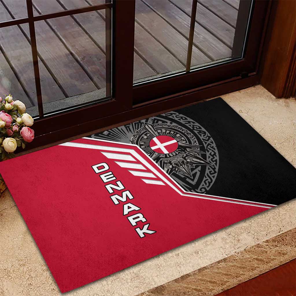 Denmark Flag Rubber Doormat with Viking Rune Pattern and Nordic Crest Design - Wonder Print Shop