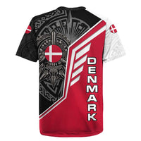 Denmark Flag Rugby Jersey with Viking Rune Pattern and Nordic Crest Design - Wonder Print Shop