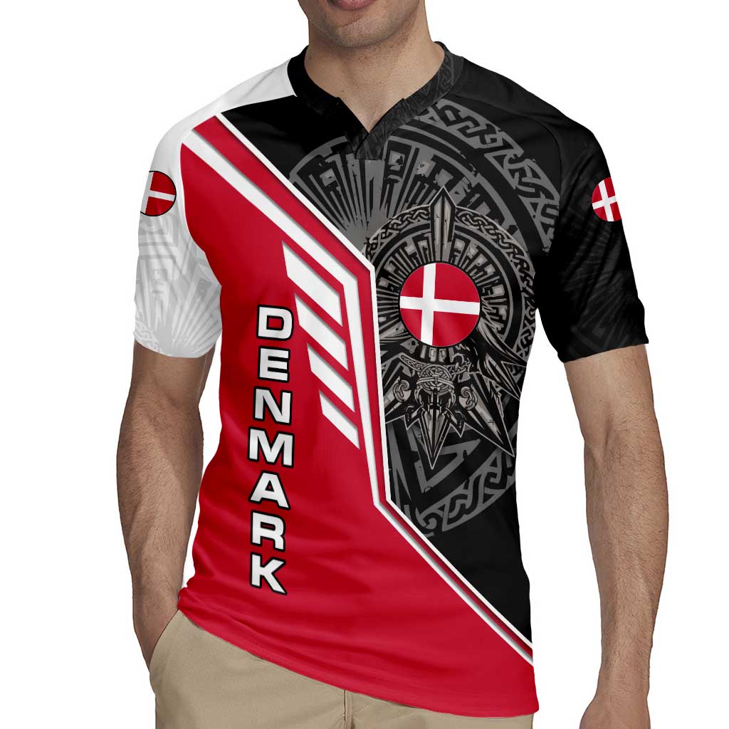 Denmark Flag Rugby Jersey with Viking Rune Pattern and Nordic Crest Design - Wonder Print Shop