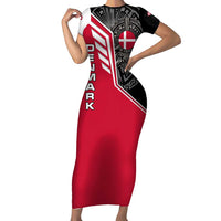 Denmark Flag Short Sleeve Bodycon Dress with Viking Rune Pattern and Nordic Crest Design - Wonder Print Shop