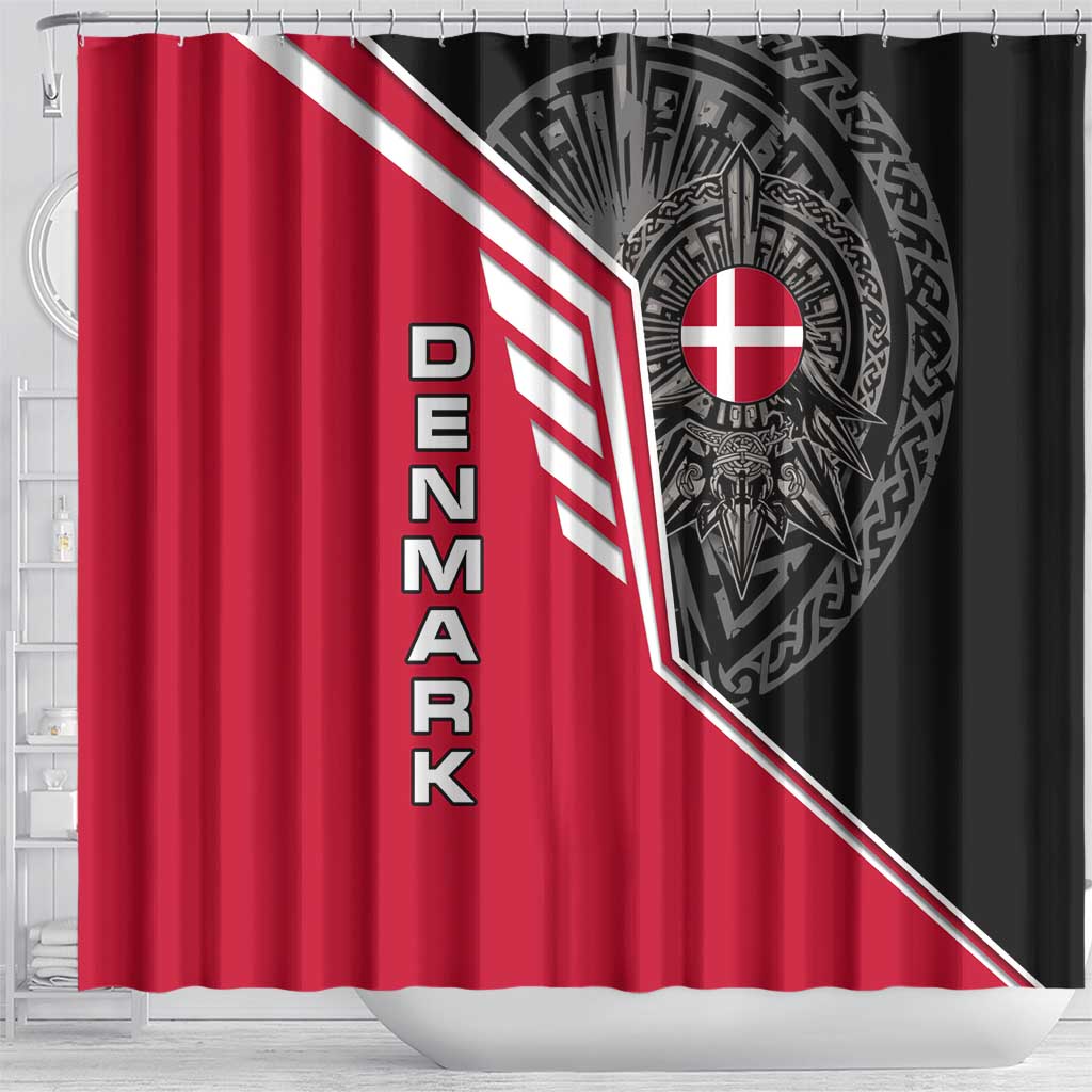 Denmark Flag Shower Curtain with Viking Rune Pattern and Nordic Crest Design - Wonder Print Shop