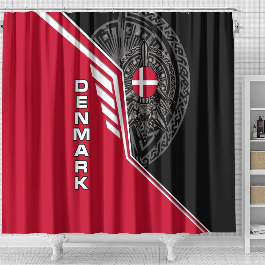 Denmark Flag Shower Curtain with Viking Rune Pattern and Nordic Crest Design - Wonder Print Shop