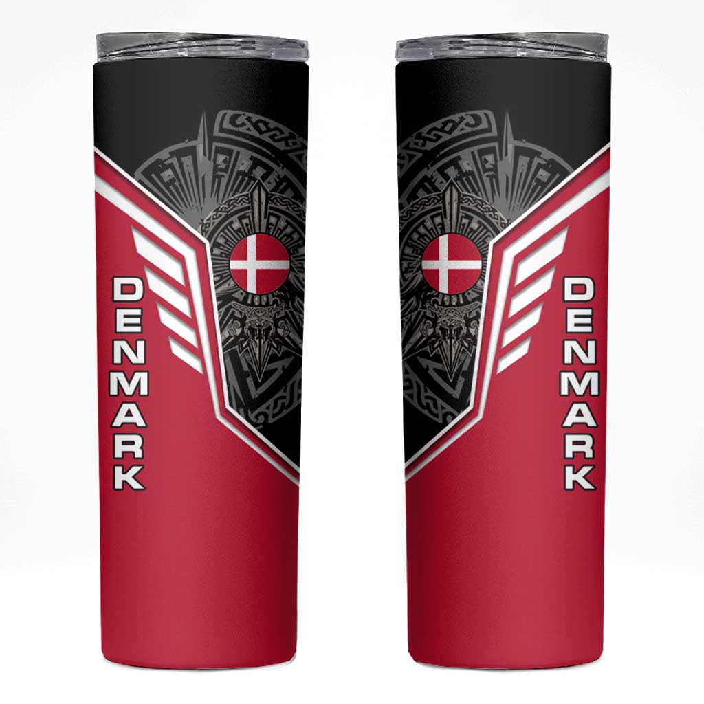 Denmark Flag Skinny Tumbler with Viking Rune Pattern and Nordic Crest Design - Wonder Print Shop