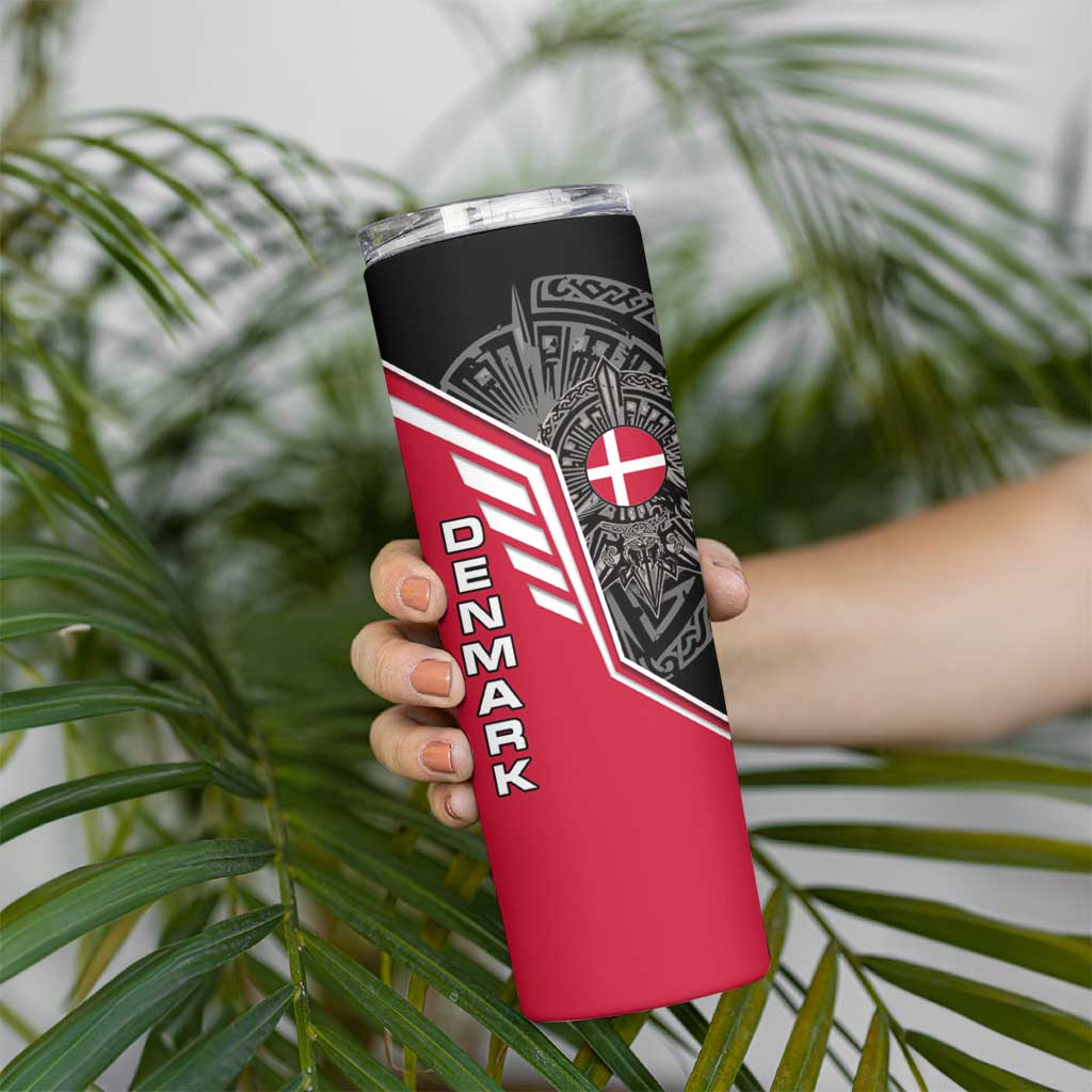 Denmark Flag Skinny Tumbler with Viking Rune Pattern and Nordic Crest Design - Wonder Print Shop