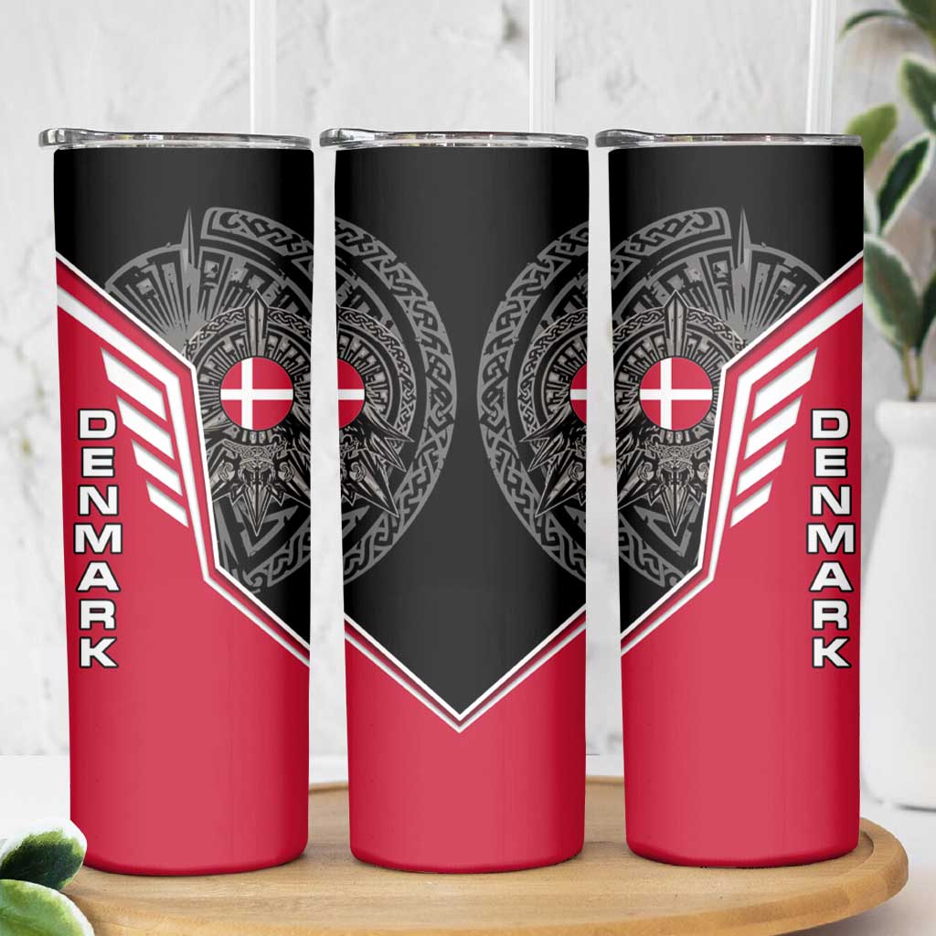 Denmark Flag Skinny Tumbler with Viking Rune Pattern and Nordic Crest Design - Wonder Print Shop