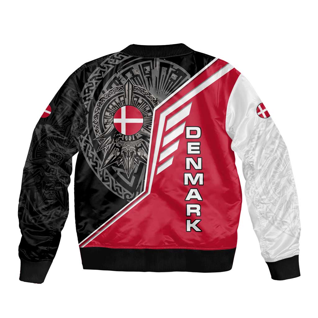Denmark Flag Sleeve Zip Bomber Jacket with Viking Rune Pattern and Nordic Crest Design - Wonder Print Shop