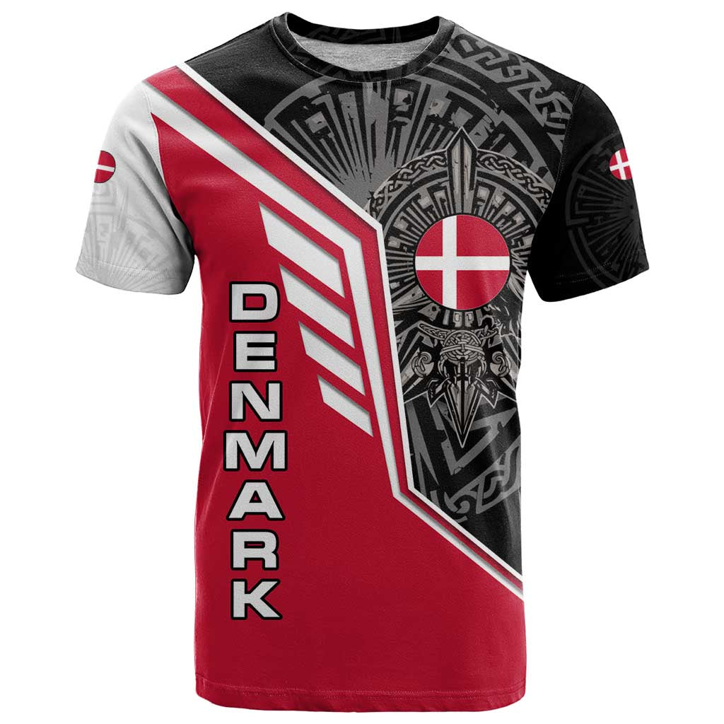 Denmark Flag T Shirt with Viking Rune Pattern and Nordic Crest Design - Wonder Print Shop