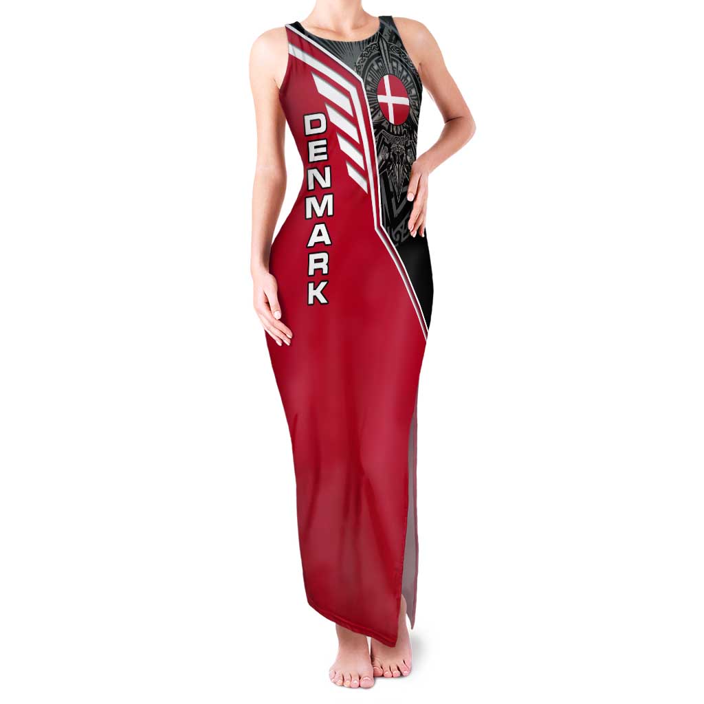Denmark Flag Tank Maxi Dress with Viking Rune Pattern and Nordic Crest Design - Wonder Print Shop