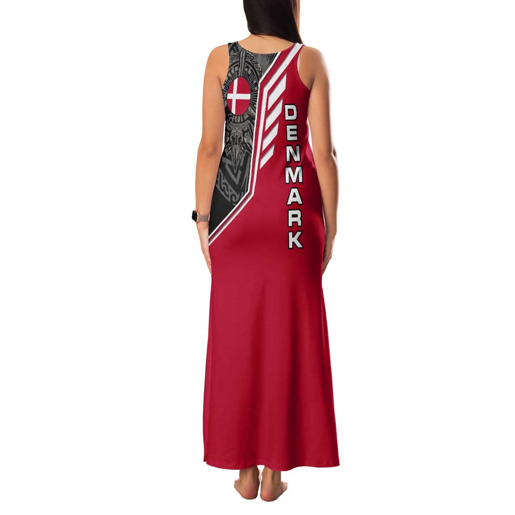 Denmark Flag Tank Maxi Dress with Viking Rune Pattern and Nordic Crest Design - Wonder Print Shop