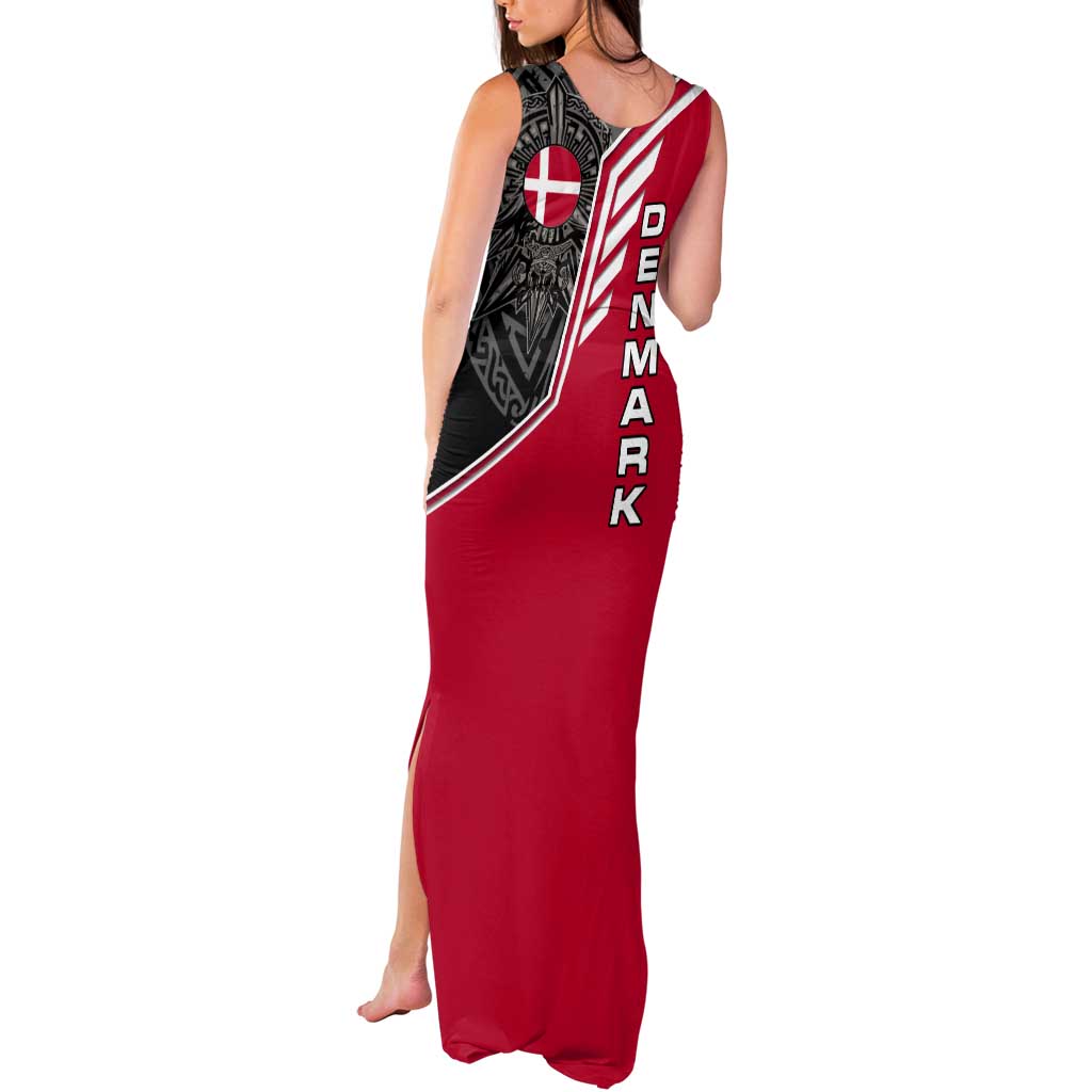 Denmark Flag Tank Maxi Dress with Viking Rune Pattern and Nordic Crest Design - Wonder Print Shop