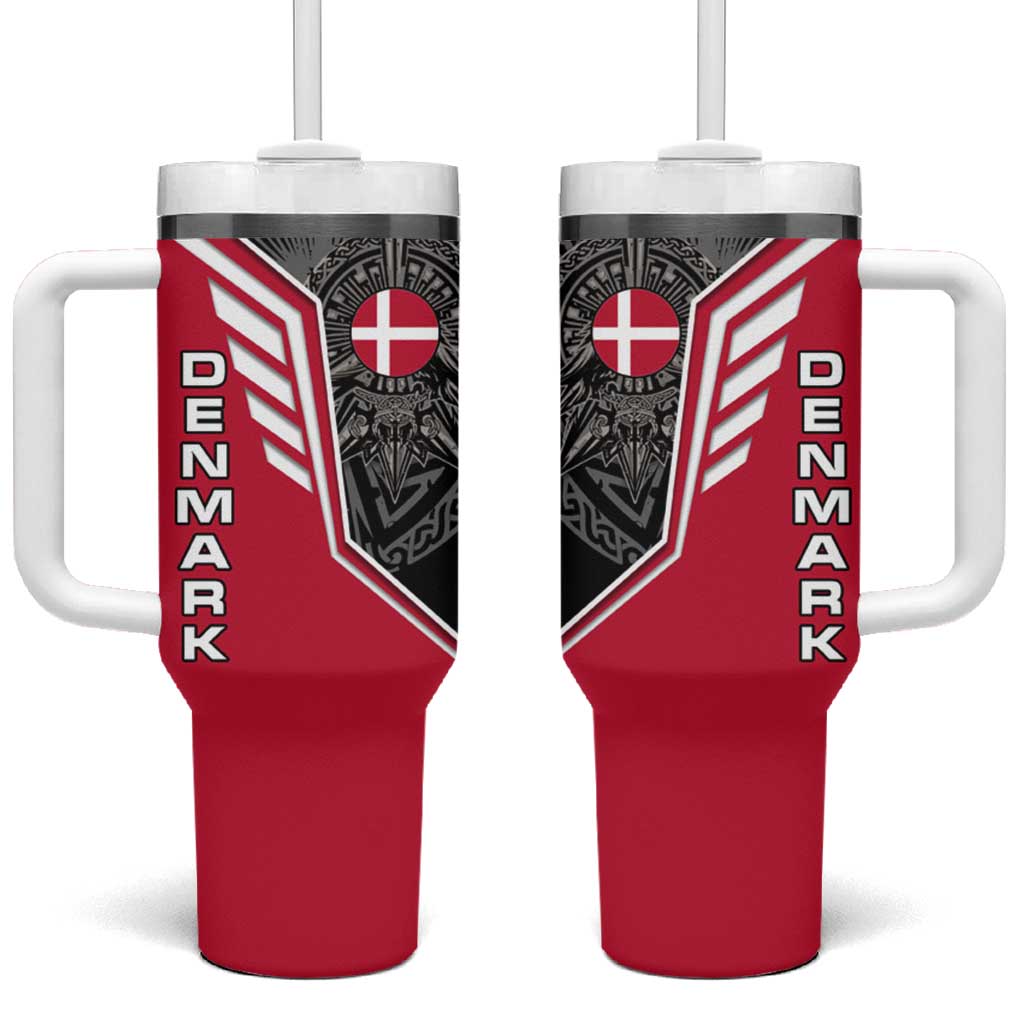 Denmark Flag Tumbler With Handle with Viking Rune Pattern and Nordic Crest Design - Wonder Print Shop