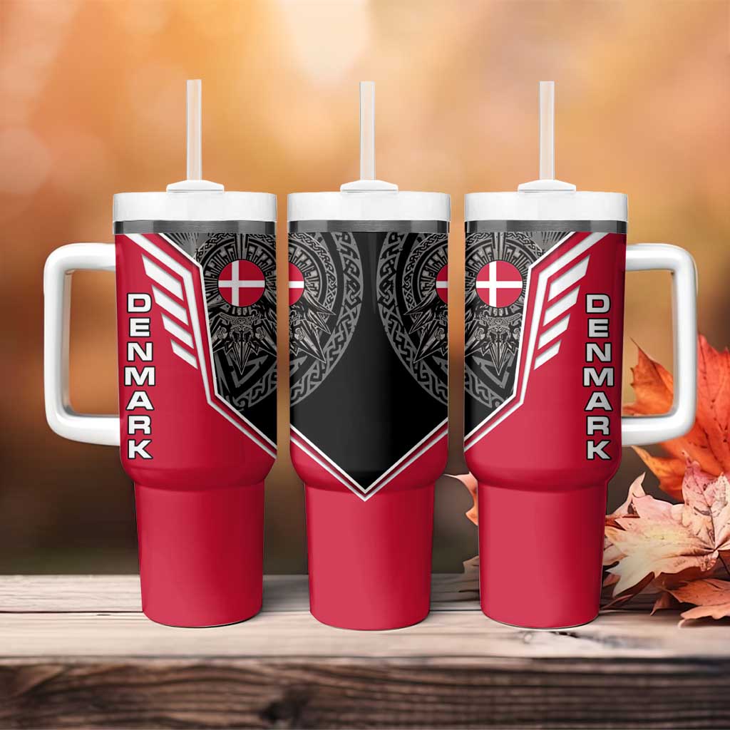 Denmark Flag Tumbler With Handle with Viking Rune Pattern and Nordic Crest Design - Wonder Print Shop