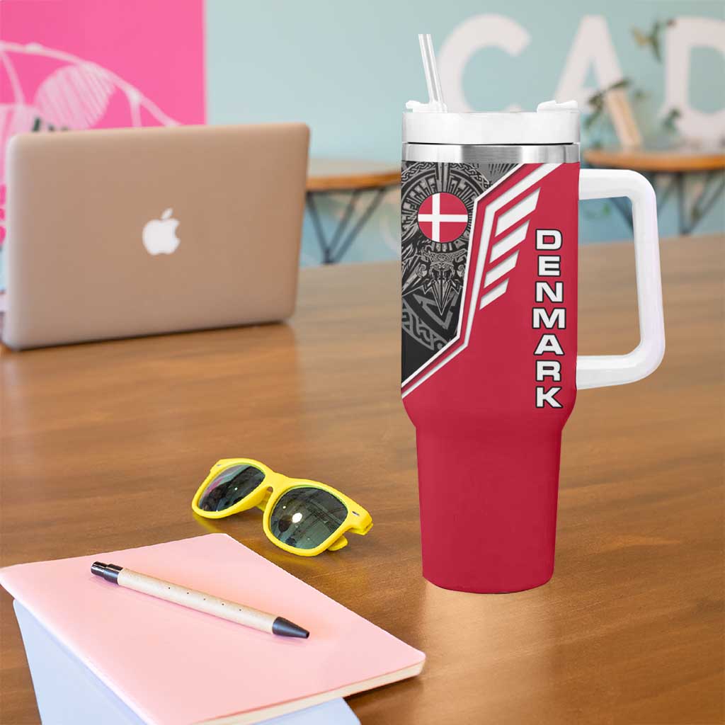 Denmark Flag Tumbler With Handle with Viking Rune Pattern and Nordic Crest Design - Wonder Print Shop