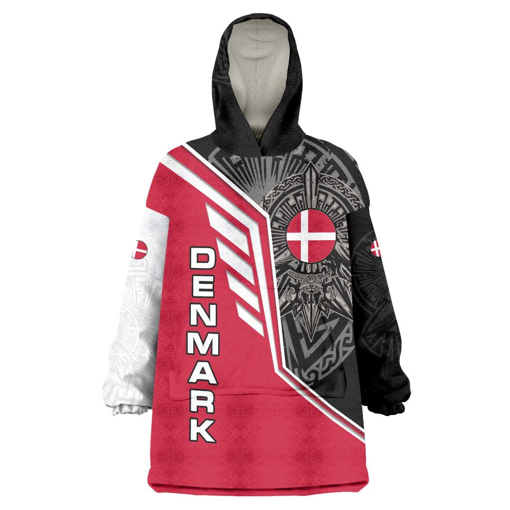 Denmark Flag Wearable Blanket Hoodie with Viking Rune Pattern and Nordic Crest Design - Wonder Print Shop