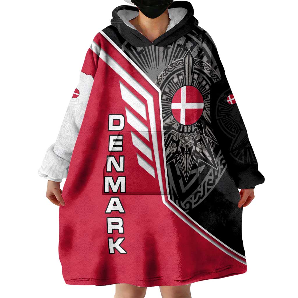 Denmark Flag Wearable Blanket Hoodie with Viking Rune Pattern and Nordic Crest Design - Wonder Print Shop