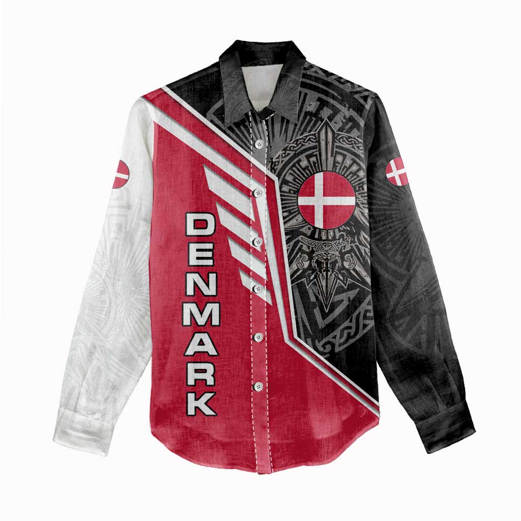 Denmark Flag Women Casual Shirt with Viking Rune Pattern and Nordic Crest Design - Wonder Print Shop