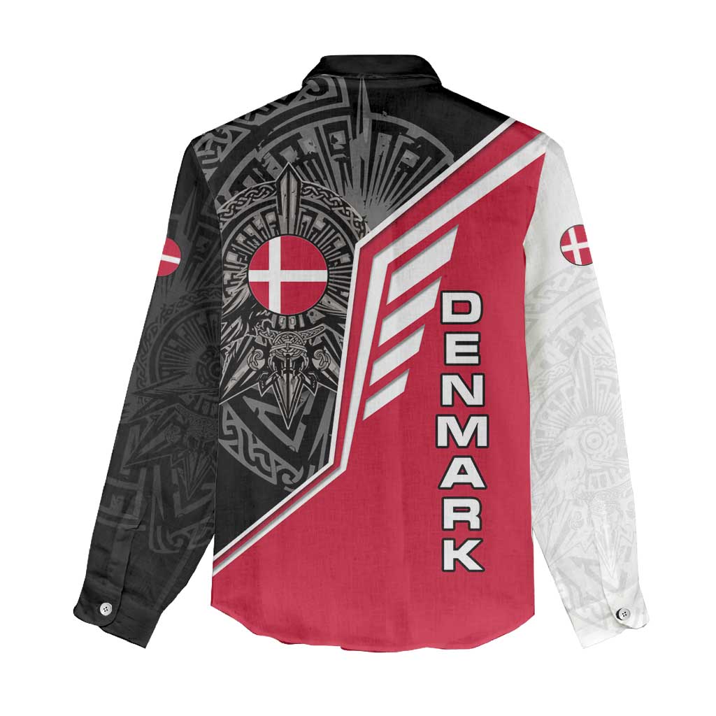 Denmark Flag Women Casual Shirt with Viking Rune Pattern and Nordic Crest Design - Wonder Print Shop