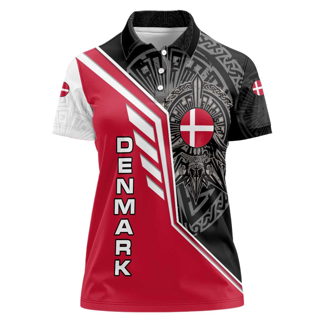 Denmark Flag Women Polo Shirt with Viking Rune Pattern and Nordic Crest Design - Wonder Print Shop