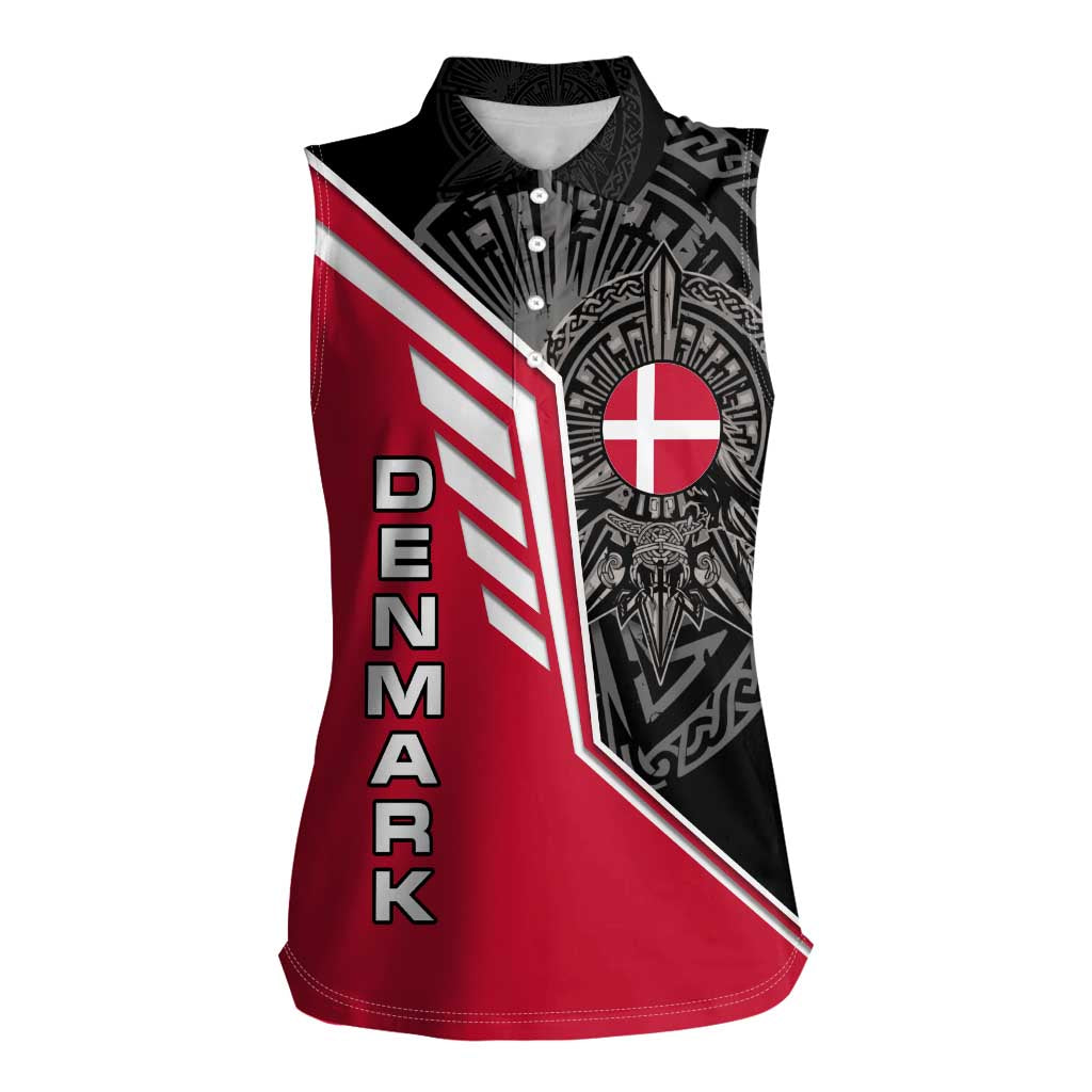 Denmark Flag Women Sleeveless Polo Shirt with Viking Rune Pattern and Nordic Crest Design - Wonder Print Shop