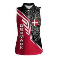 Denmark Flag Women Sleeveless Polo Shirt with Viking Rune Pattern and Nordic Crest Design - Wonder Print Shop