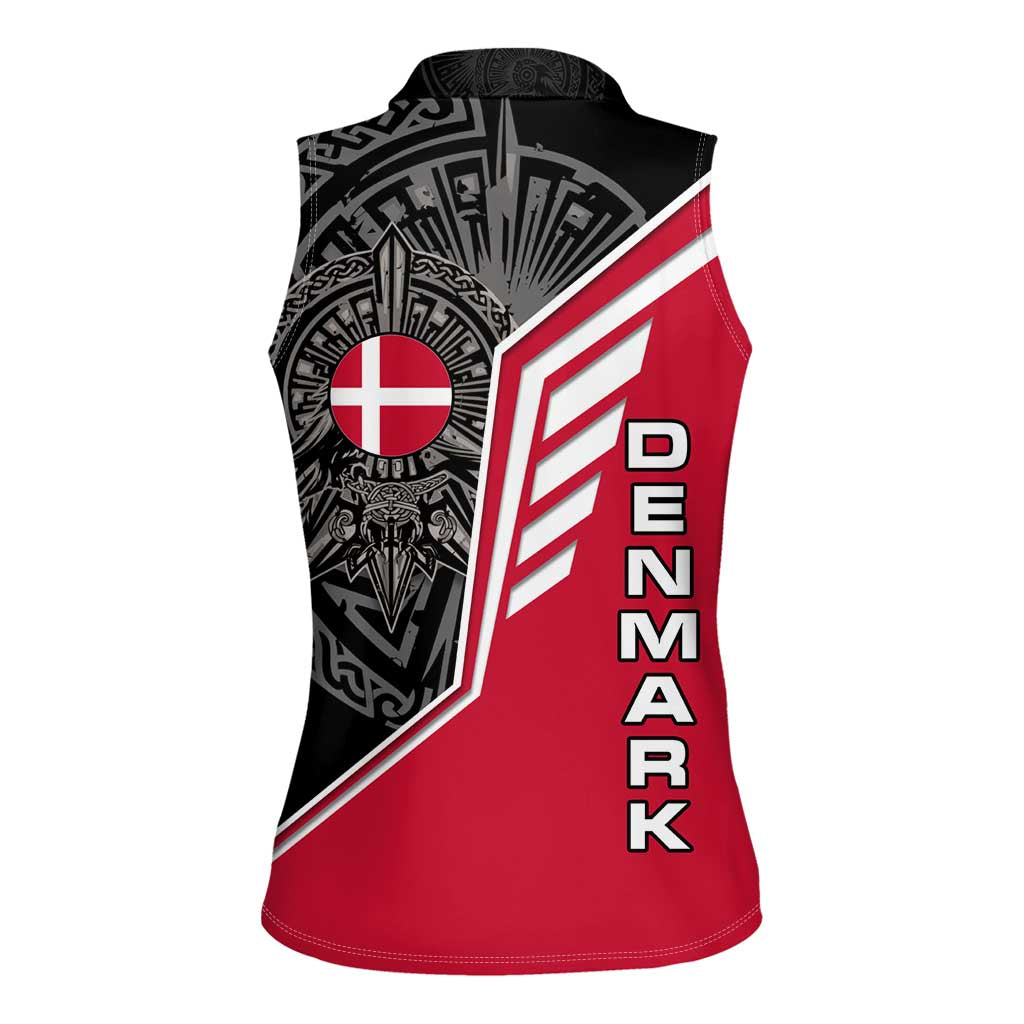Denmark Flag Women Sleeveless Polo Shirt with Viking Rune Pattern and Nordic Crest Design - Wonder Print Shop