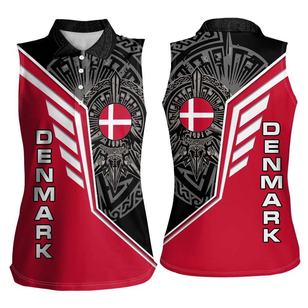 Denmark Flag Women Sleeveless Polo Shirt with Viking Rune Pattern and Nordic Crest Design - Wonder Print Shop