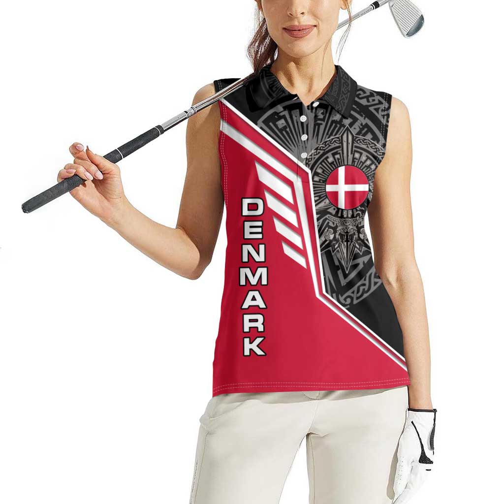 Denmark Flag Women Sleeveless Polo Shirt with Viking Rune Pattern and Nordic Crest Design - Wonder Print Shop