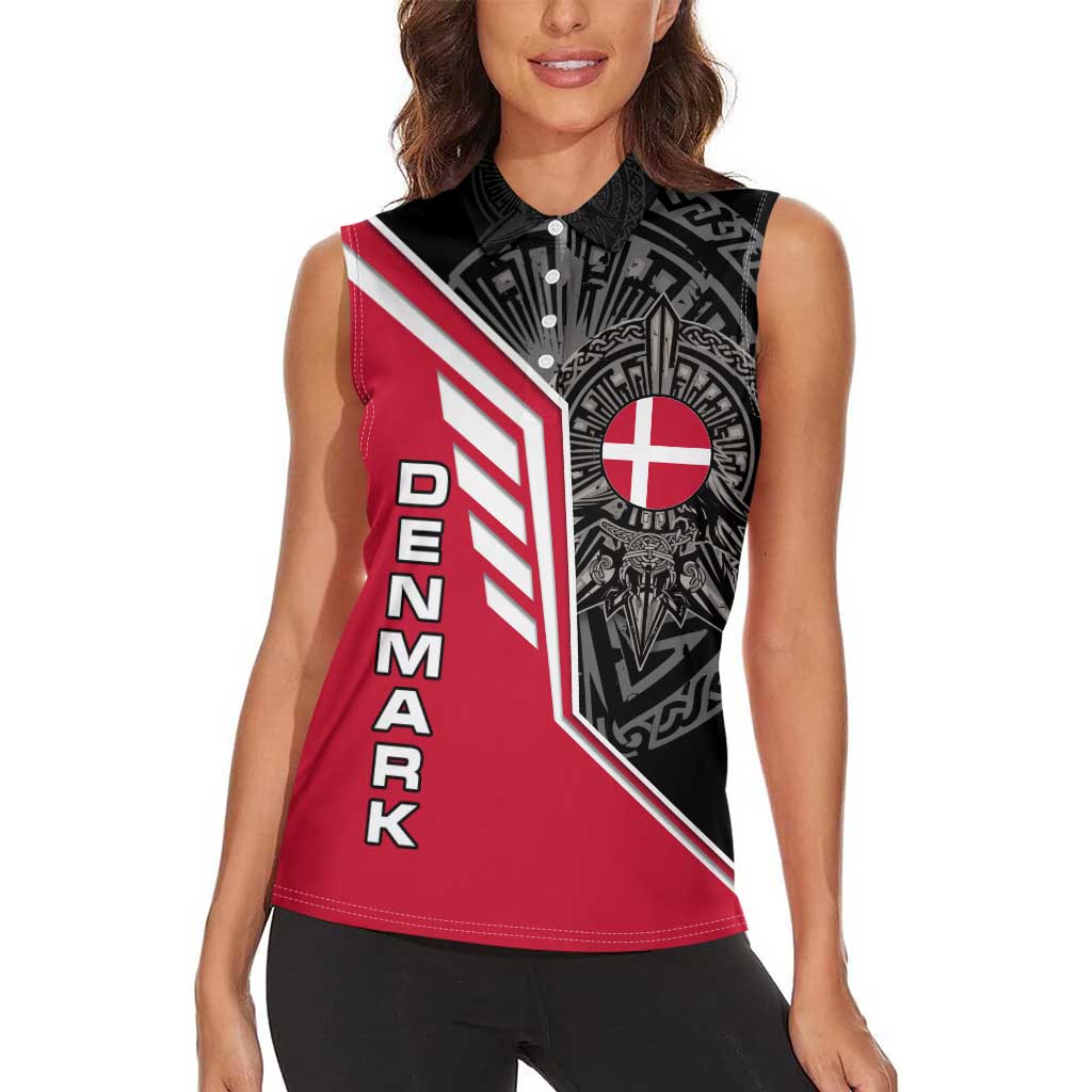 Denmark Flag Women Sleeveless Polo Shirt with Viking Rune Pattern and Nordic Crest Design - Wonder Print Shop