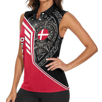 Denmark Flag Women Sleeveless Polo Shirt with Viking Rune Pattern and Nordic Crest Design - Wonder Print Shop