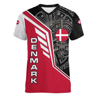 Denmark Flag Women V-Neck T-Shirt with Viking Rune Pattern and Nordic Crest Design - Wonder Print Shop