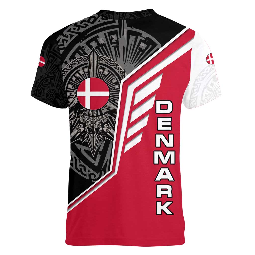 Denmark Flag Women V-Neck T-Shirt with Viking Rune Pattern and Nordic Crest Design - Wonder Print Shop