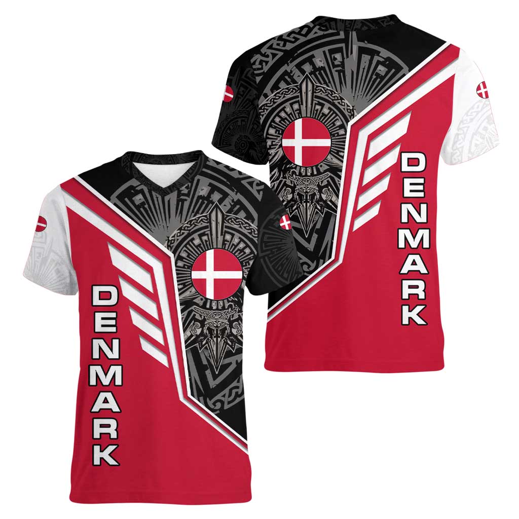 Denmark Flag Women V-Neck T-Shirt with Viking Rune Pattern and Nordic Crest Design - Wonder Print Shop