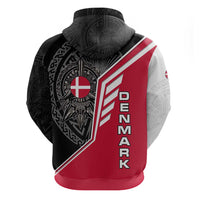 Denmark Flag Zip Hoodie with Viking Rune Pattern and Nordic Crest Design - Wonder Print Shop