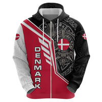 Denmark Flag Zip Hoodie with Viking Rune Pattern and Nordic Crest Design - Wonder Print Shop