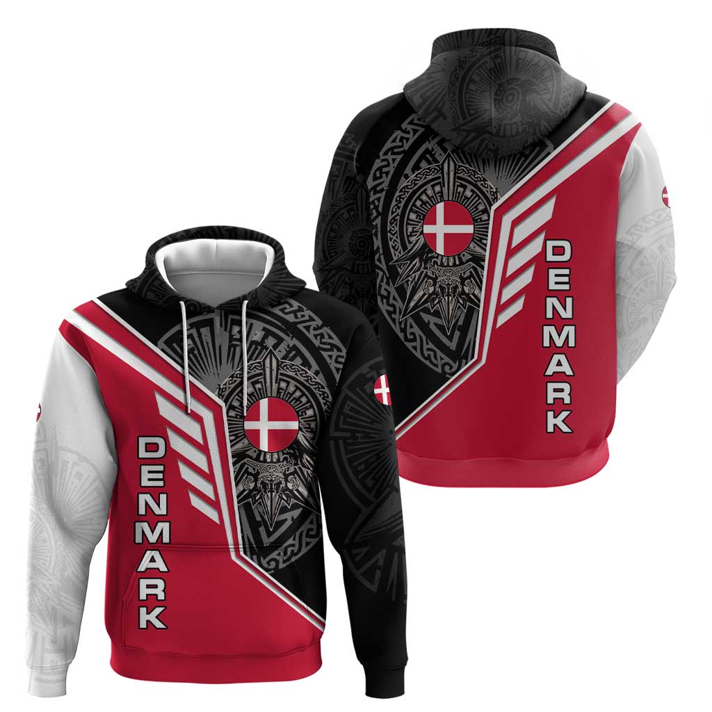 Denmark Flag Zip Hoodie with Viking Rune Pattern and Nordic Crest Design - Wonder Print Shop