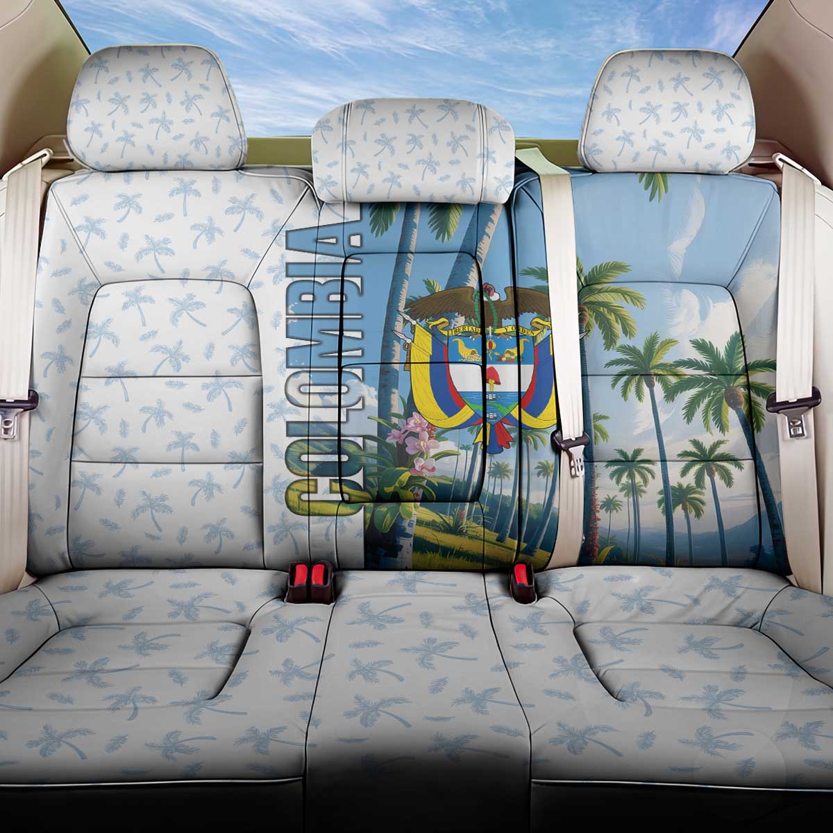 Colombia Palm Tree Landscape Back Car Seat Cover with Tropical Flowers and Blue Sky Design - Wonder Print Shop