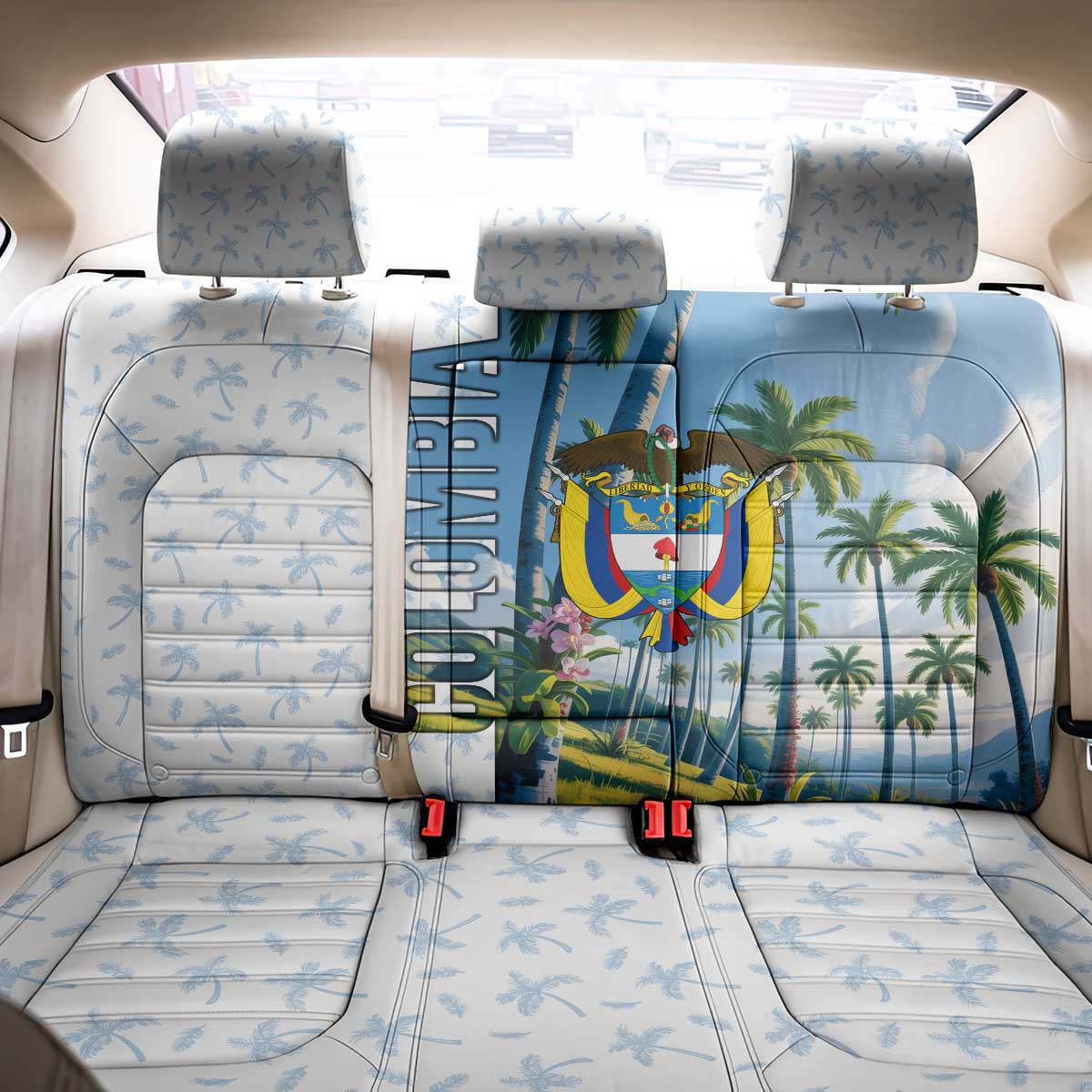 Colombia Palm Tree Landscape Back Car Seat Cover with Tropical Flowers and Blue Sky Design - Wonder Print Shop