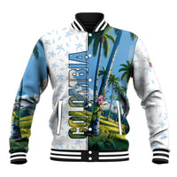 Colombia Palm Tree Landscape Baseball Jacket with Tropical Flowers and Blue Sky Design - Wonder Print Shop