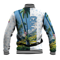Colombia Palm Tree Landscape Baseball Jacket with Tropical Flowers and Blue Sky Design - Wonder Print Shop