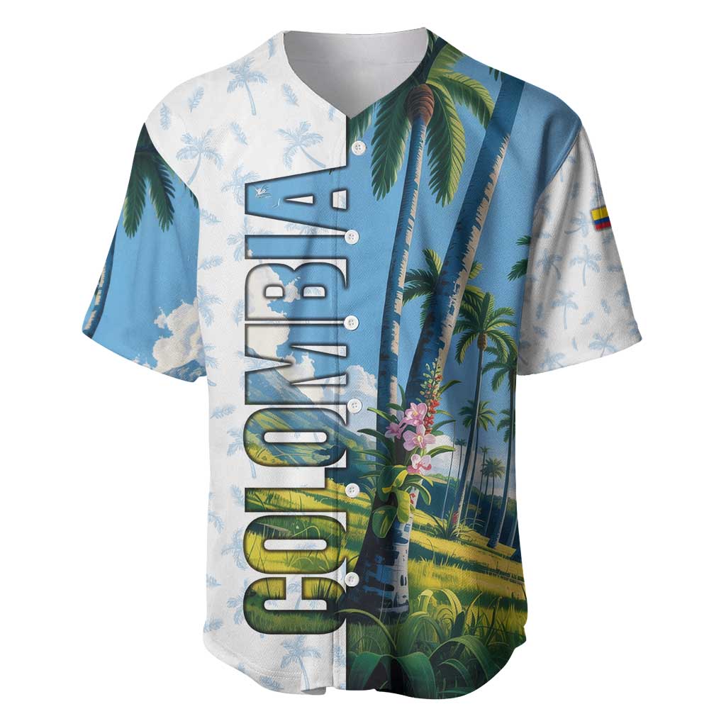 Colombia Palm Tree Landscape Baseball Jersey with Tropical Flowers and Blue Sky Design - Wonder Print Shop