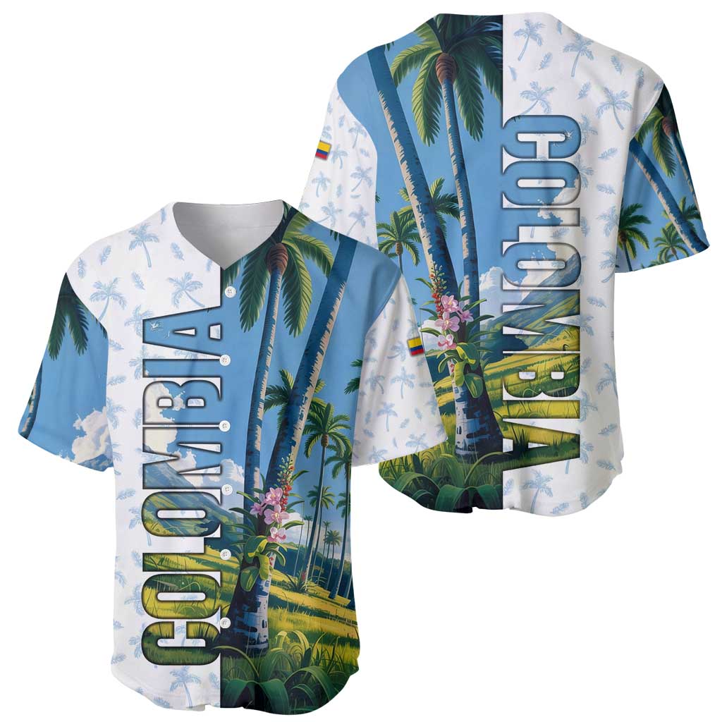 Colombia Palm Tree Landscape Baseball Jersey with Tropical Flowers and Blue Sky Design - Wonder Print Shop