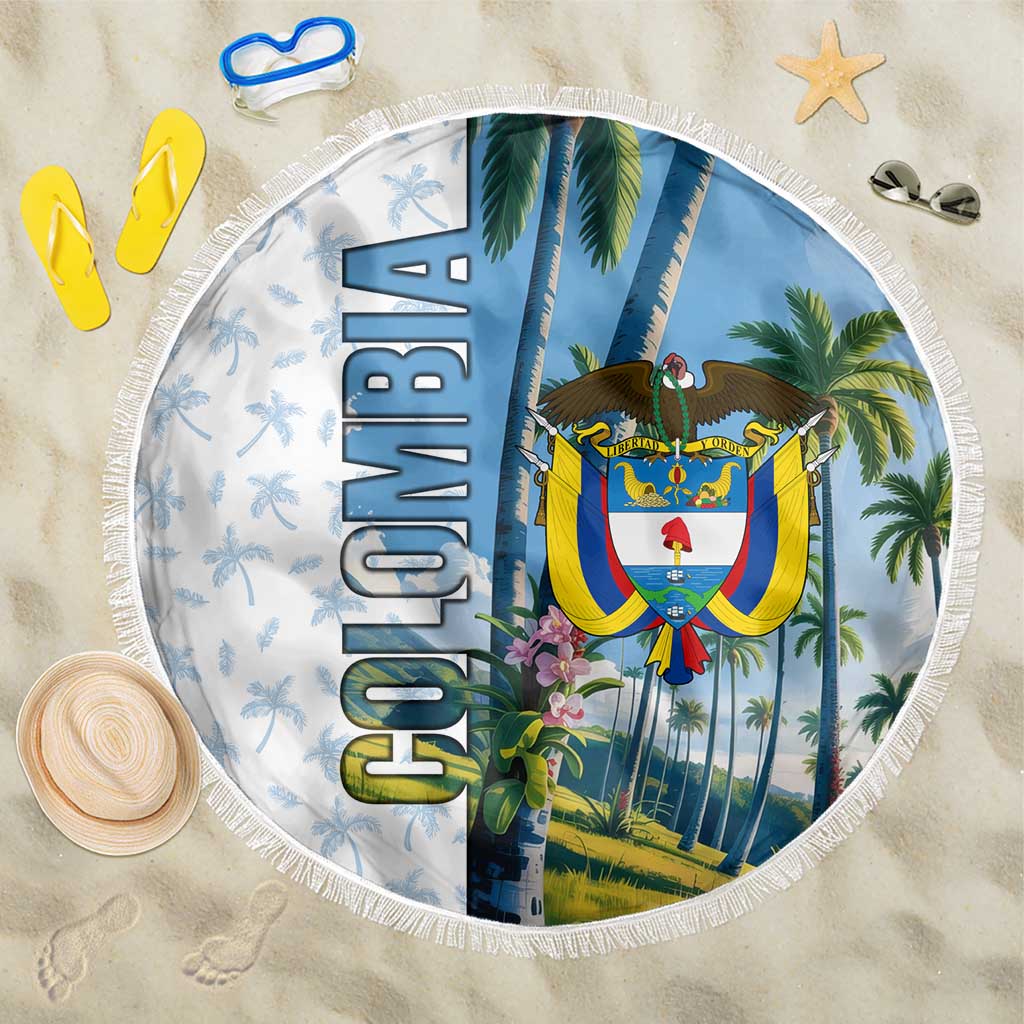 Colombia Palm Tree Landscape Beach Blanket with Tropical Flowers and Blue Sky Design - Wonder Print Shop